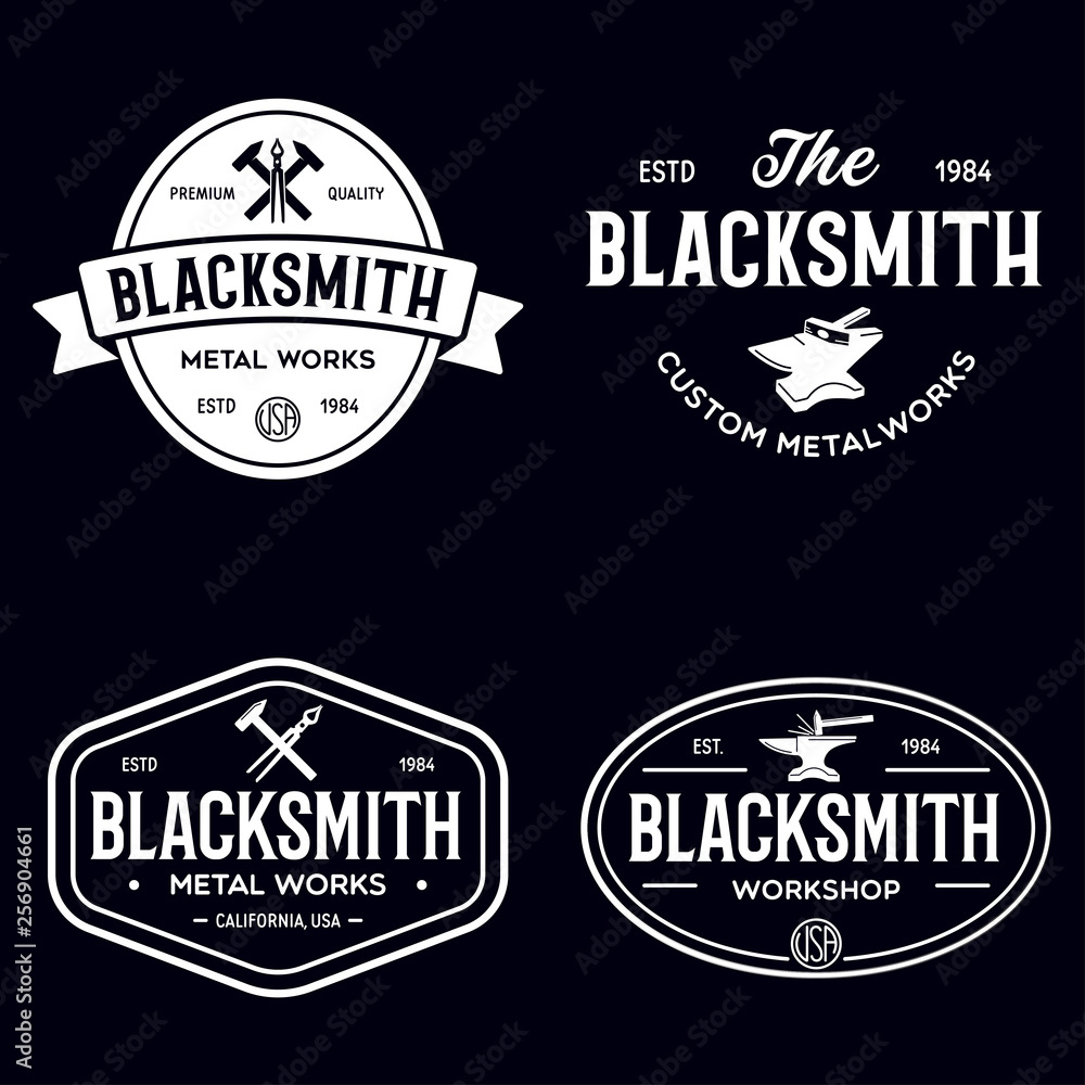Fototapeta premium Blacksmith labels set. Design elements for metalworks service emblems, badges, logos. Monochrome seal collection.