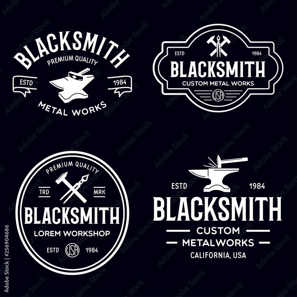 Blacksmith labels set. Design elements for metalworks service emblems, badges, logos. Monochrome seal collection.