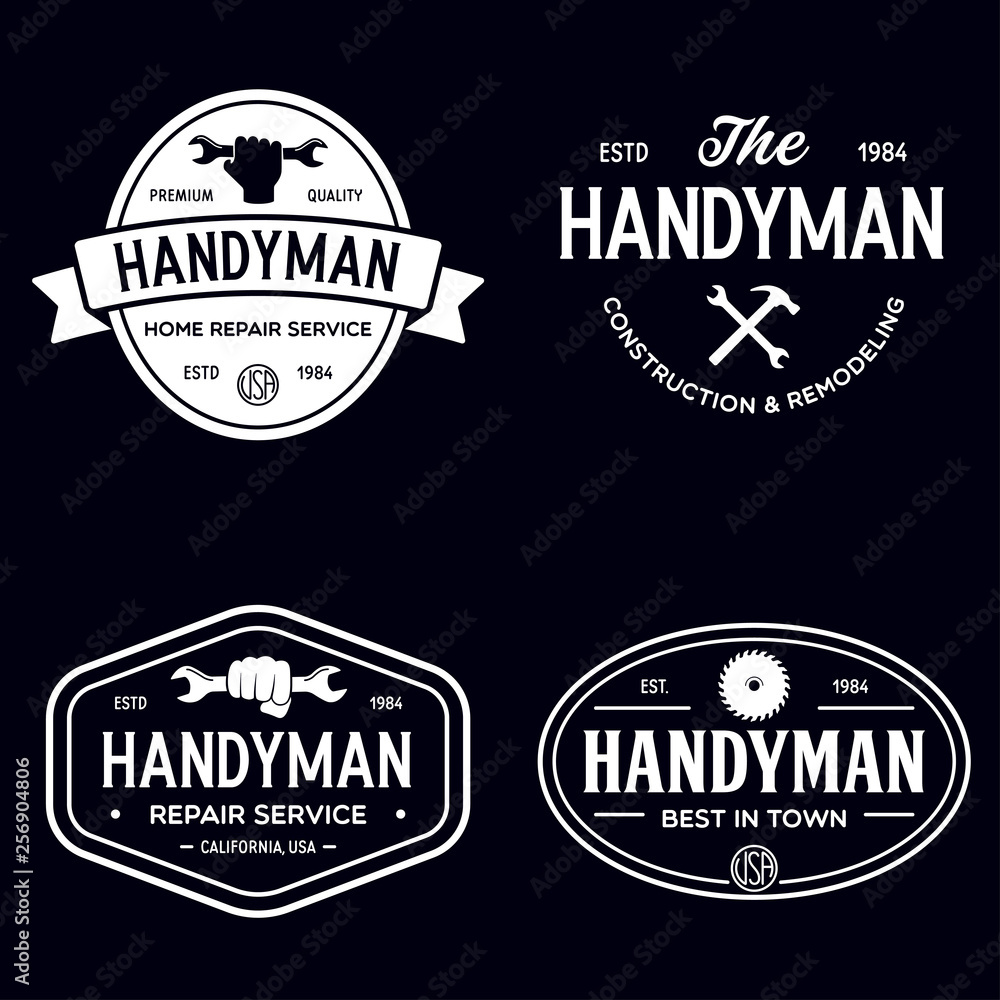 Handyman labels badges emblems and design elements. Tools silhouettes. Carpentry related vector vintage illustration. Handyman labels badges emblems and design elements. Tools silhouettes. Carpentry related vector vintage illustration.