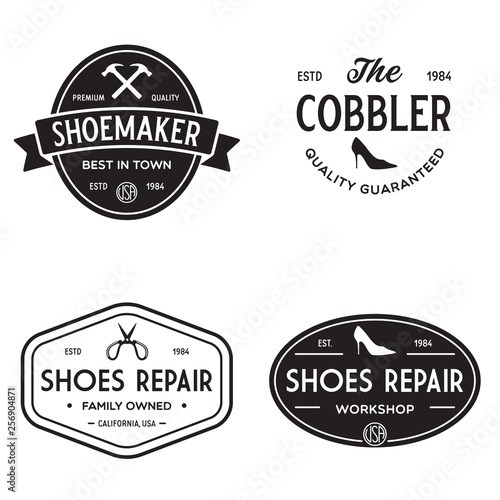 Vector set of vintage logos, labels, badges, emblems or logotypes elements for shoemaker, shoes shop and shoes repair.