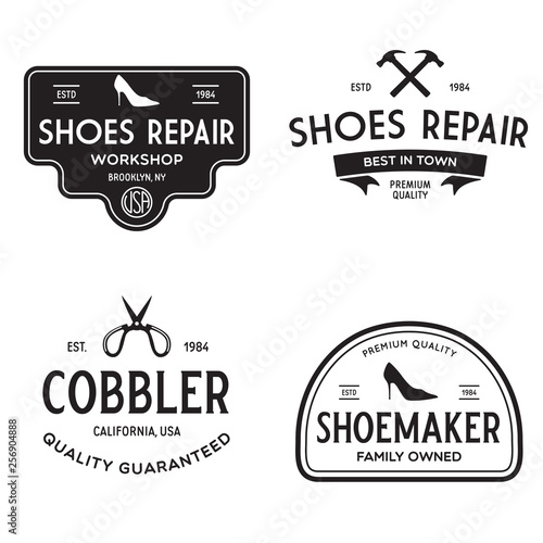 Vector set of vintage logos, labels, badges, emblems or logotypes elements for shoemaker, shoes shop and shoes repair.