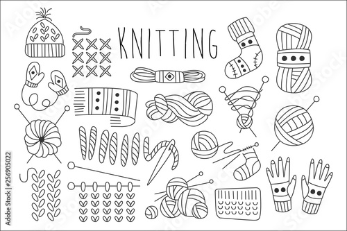 Hand drawn vector set of icons for knitting related theme. Yarn, stitch, needles, knitted clothing. Graphic elements for logo for hand made things