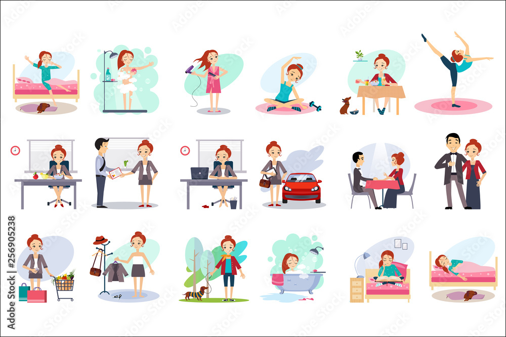 Active day of happy woman. Daily routine. Cartoon character of young pretty girl in different situations. Day time. Home and work. Colorful flat vector design