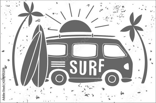 Vintage illustration of mini van with lettering, sun, two surfboards and palm trees. Extreme water sport. Monochrome vector design for surfing club or t-shirt print