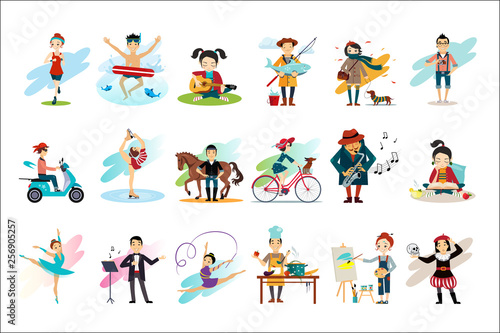 Set of people in various actions. Males and females engaged in their favorite hobbies. Active and healthy lifestyle. Cartoon characters. Colorful flat vector design