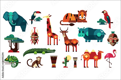 Colorful vector collection of different African animals, plants and drums. Wild creatures of jungle. Birds and reptiles. Ethnic drums. Icons in geometric flat style
