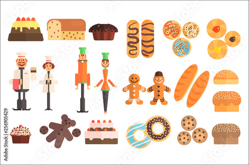 Set of various sweet pastry and bakers in working uniforms. Pies, baguettes, eclairs, muffins, cakes, donuts, gingerbread men, buns, bread, cookies. Flat vector design