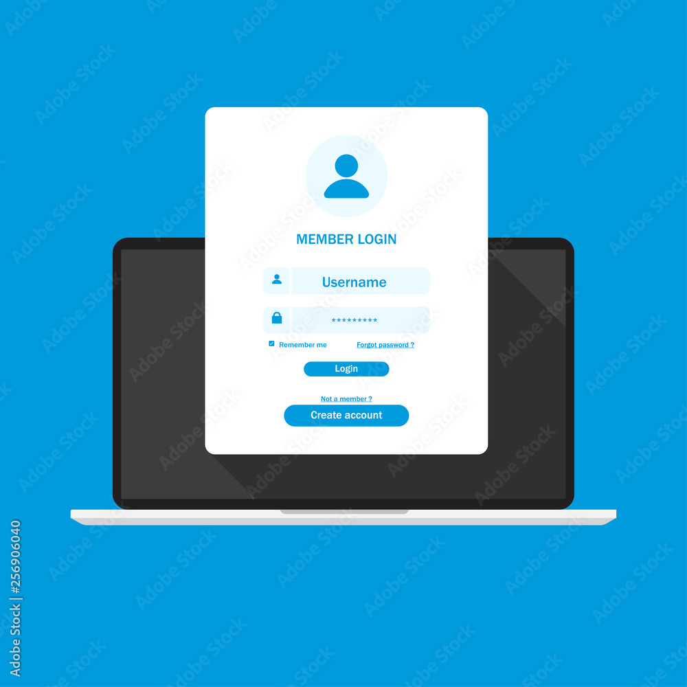 Login form page on laptop screen registration page online registration. Flat design EPS 10