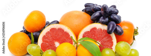 Set of fruits isolated on white background. Wide photo.