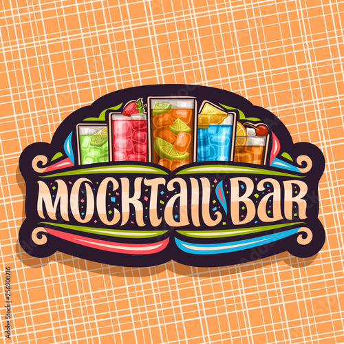 Vector logo for Mocktail Bar, black sign board with 5 cool non alcoholic drinks, original lettering for words mocktail bar, chilled alcohol free soft cocktails with fresh citrus for fun beach party.