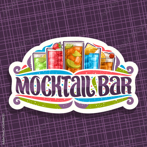 Vector logo for Mocktail Bar, white sign board with 5 non alcoholic drinks, original lettering for words mocktail bar, confetti and flourishes, soft cocktails with fresh berries for fun beach party.