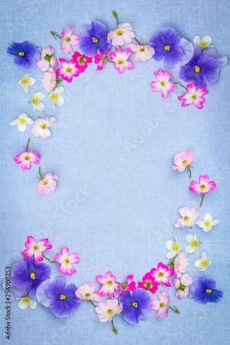Beautiful pansies and roses on the farbic background