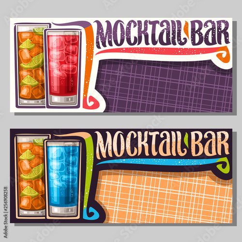 Vector banners for Mocktail Bar with copy space, 2 non alcoholic drinks, original lettering for words mocktail bar, chilled alcohol free cocktails with fresh lemon and ice cubes for fun beach holiday.