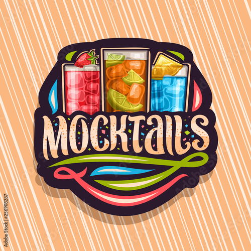 Vector logo for Mocktails, black tag with 3 non alcoholic drinks, original lettering for word mocktails and flourishes, alcohol free soft cocktails with fresh fruits and berry for fun beach holiday.