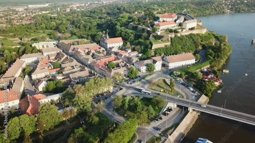 Beautiful drone shot of Petrovaradin town in Serbia with its fortress Beautiful drone shot of Petrovaradin town in Serbia with its fortress