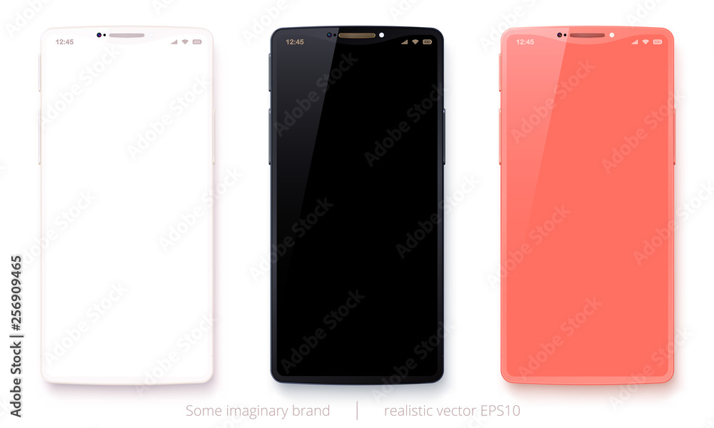 Vector set of imaginary smartphones. White, black and coral pink devices. 3d realistic fashionable phones. Original design with a smoothly curved notch. Trendy concept.