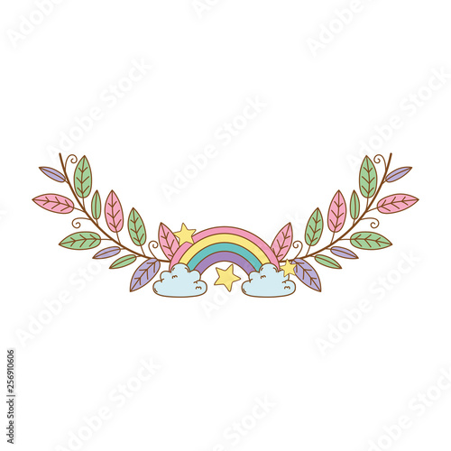 cute rainbow with clouds and wreath