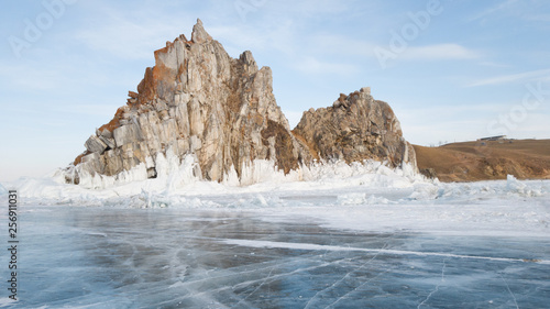 View of the Shamanka rock on lake Baikal. Winter in Siberia photo