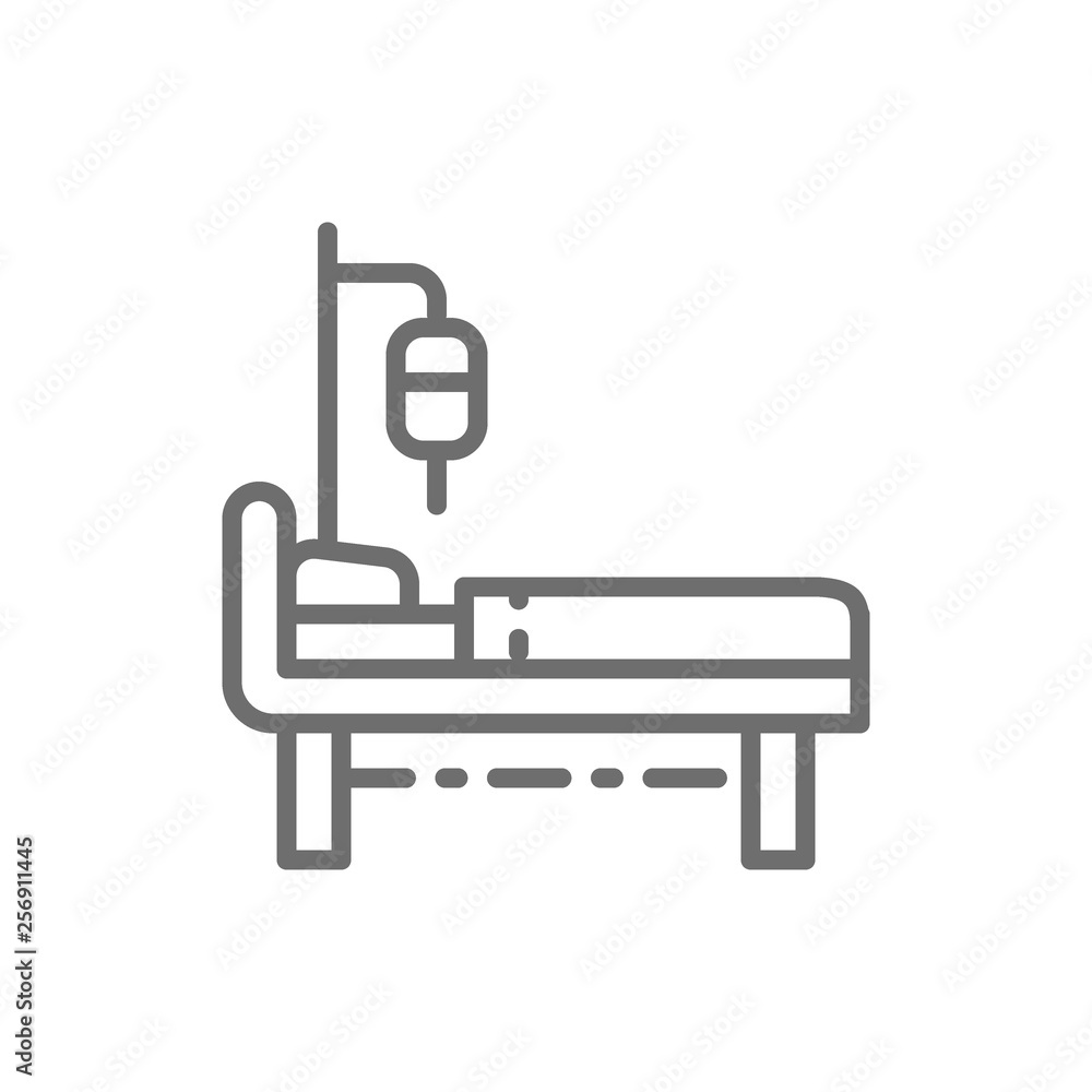 Hospital bed with medical equipments, intensive care, resuscitation line icon. Hospital bed with medical equipments, intensive care, resuscitation line icon.