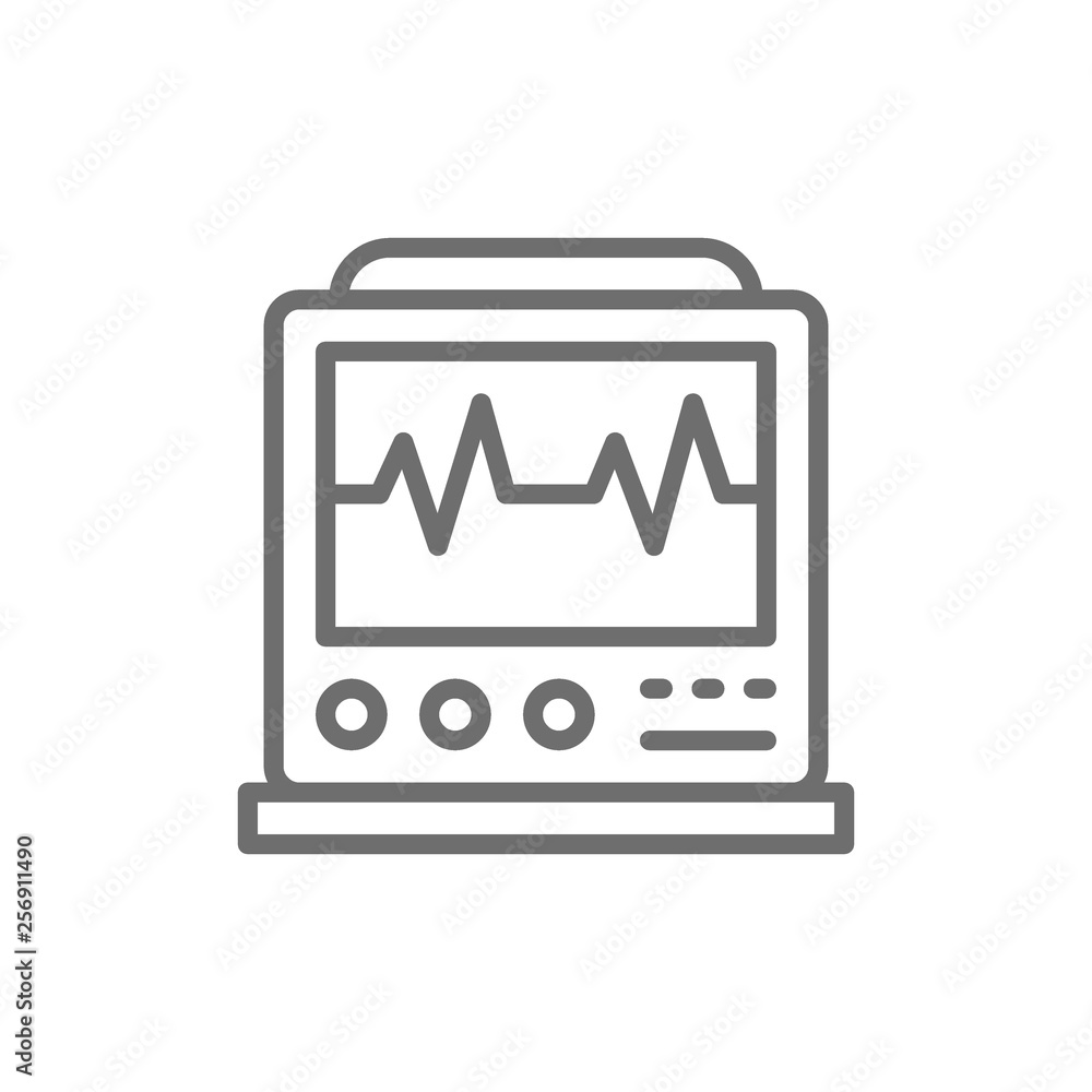 EKG machine with pulse, ICU monitor, electrocardiograph line icon. EKG machine with pulse, ICU monitor, electrocardiograph line icon.
