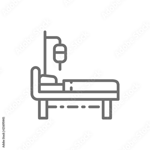 Hospital bed with medical equipments, intensive care, resuscitation line icon.