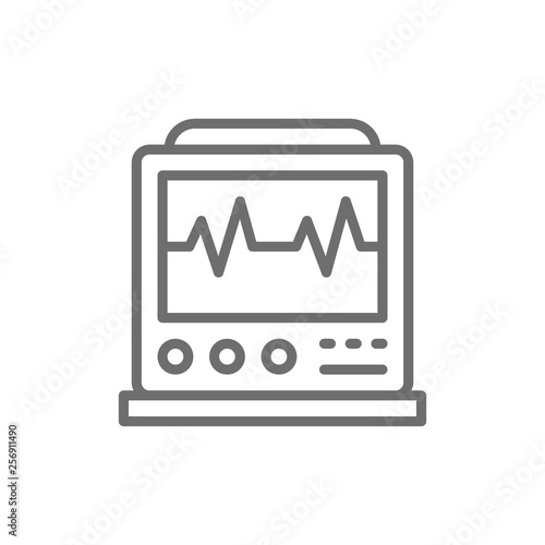 EKG machine with pulse, ICU monitor, electrocardiograph line icon.