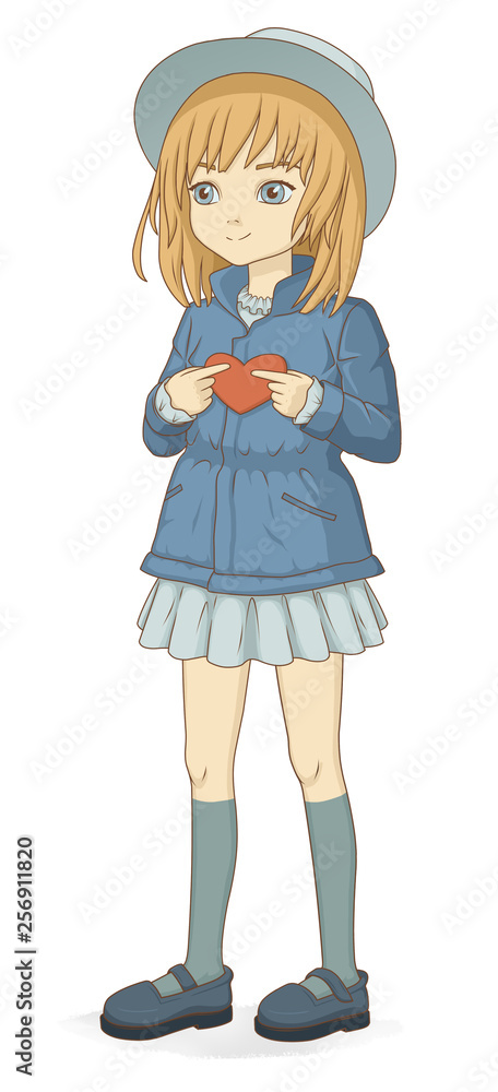 Romantic anime manga girl with a red heart. A little schoolgirl falls in love, she wants to present her heart to her lover. Romantic anime manga girl with a red heart. A little schoolgirl falls in love, she wants to present her heart to her lover.