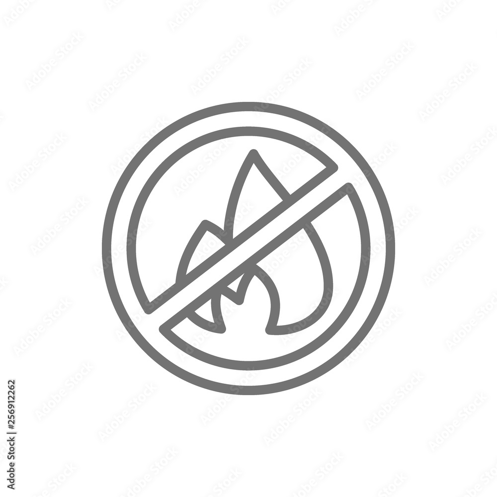 Forbidden sign with fire, firefighting, no bonfire line icon. Forbidden sign with fire, firefighting, no bonfire line icon.