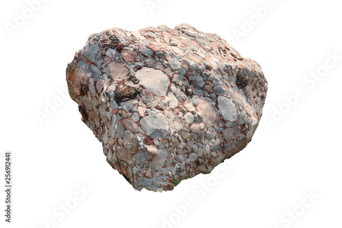 Natural specimen of conglomerate - sedimentary rock composed of rounded or sub-rounded gravel and pebbles cemented by calcium carbonate, isolated on white background photo