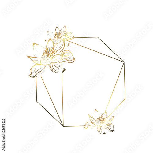 Botanical garland from lotus flowers, vintage floral wreath with golden polygonal frame