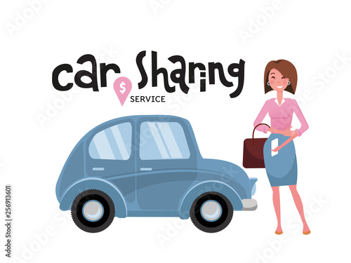 Online carsharing. Woman book car by app on mobile phone. Transportation service online. Travel concept. Lettering car sharing service.Happy person in front of the car.Vector flat cartoon illustration
