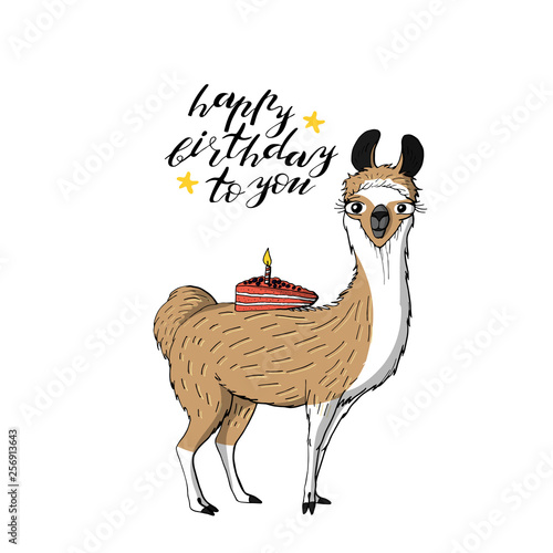 cute llama holding piece of cake. hand lettering happy birthday to you. isolated on white background.