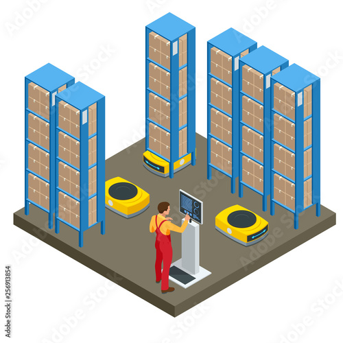 Isometric automated warehouse robots. Modern logistics center. Isolated on white background.