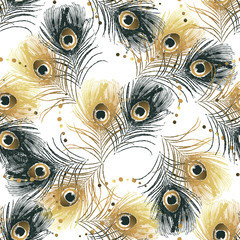 Acrylglasbilder Pfauenmuster Goldene Pfauenfedern als nahtloses Muster  © akini