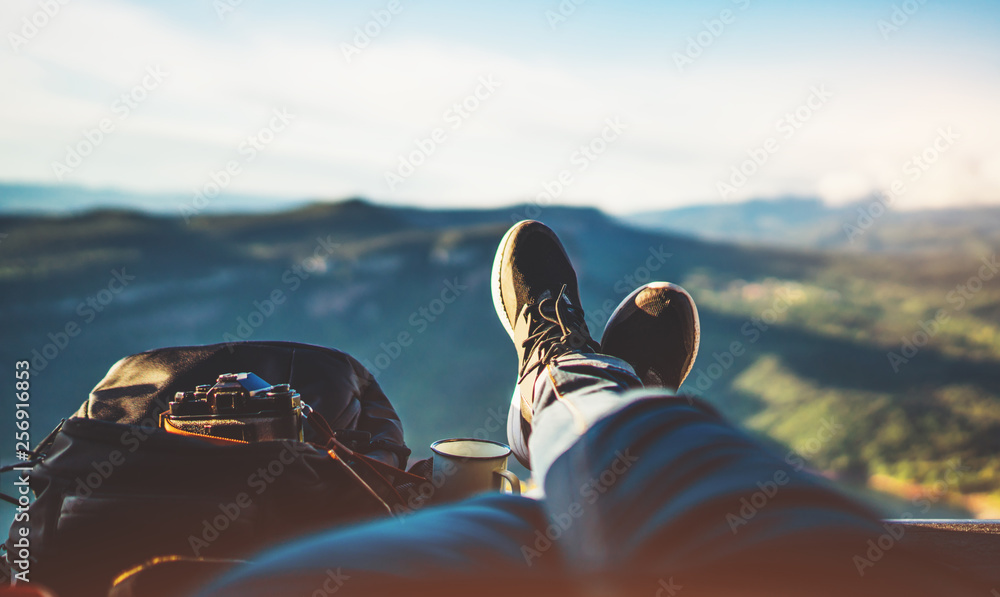 view trekking feet tourist backpack photo camera in auto on background panoramic landscape mountain, vacation concept, foot photograph hiking relax in auto, photographer enjoy trip holiday, mockup - obrazy, fototapety, plakaty 