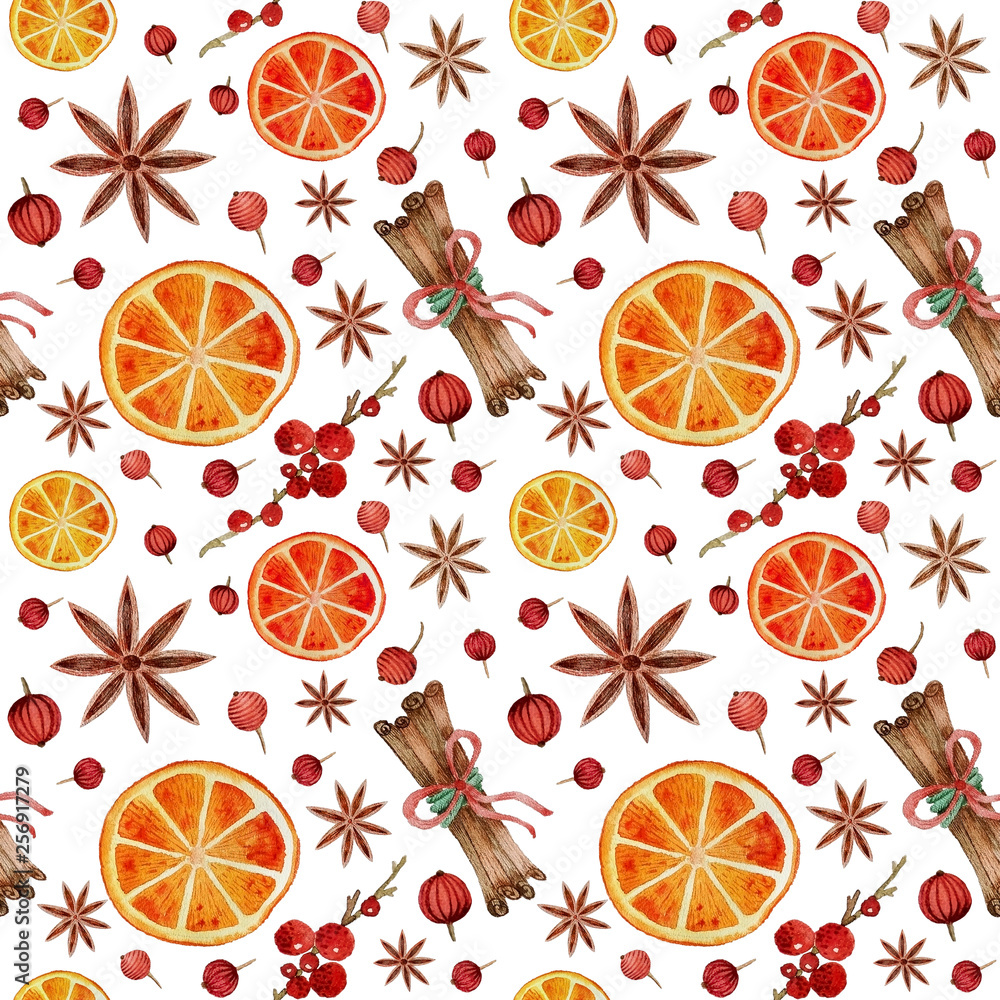 Seamless pattern CHRISTMAS NEW YEAR orange cinnamon anise cranberries wrapping PACKAGING paper ON wight BACKGROUND Seamless pattern CHRISTMAS NEW YEAR orange cinnamon anise cranberries wrapping PACKAGING paper ON wight BACKGROUND