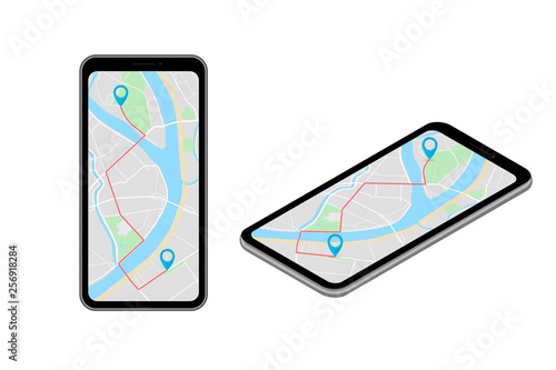 Isometric City map smartphone navigation, Isometry phone point marker, vector schema isometric city plan GPS navigation tablet, itinerary destination arrow paper city map. Route isometric check point