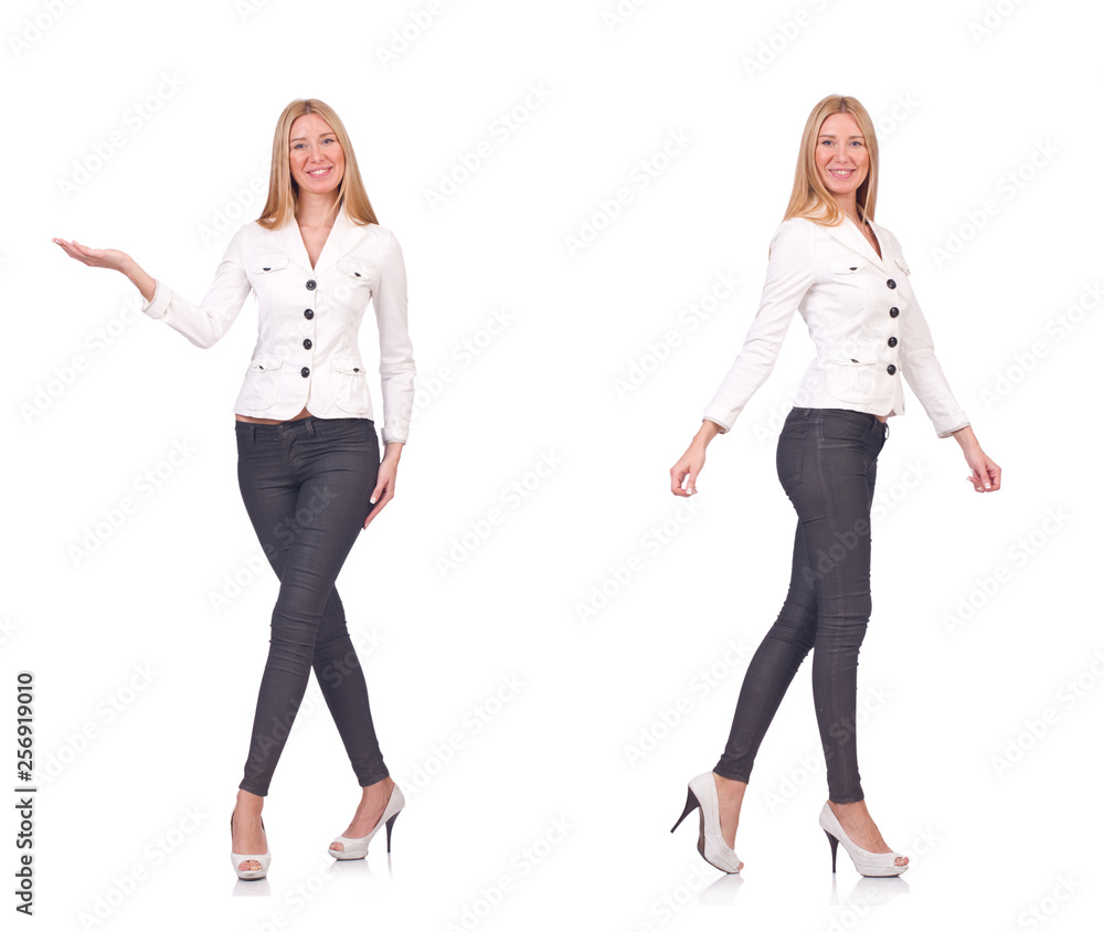 Beautiful woman in trousers isolated on white Beautiful woman in trousers isolated on white