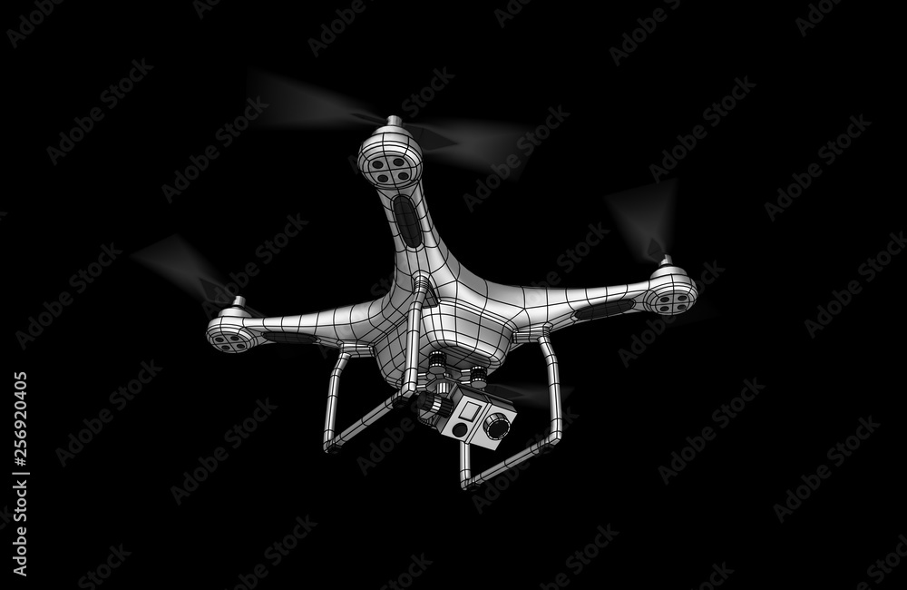 The image of a white metal quadcopter (air drone). Drone flying with action camera. Wire-frame style. 3D illustration. Isolated on black background. The image of a white metal quadcopter (air drone). Drone flying with action camera. Wire-frame style. 3D illustration. Isolated on black background.