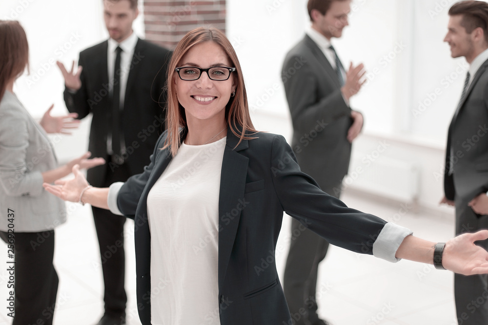 greeting gesture business woman smiling greeting gesture business woman smiling