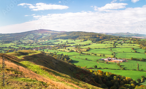 Expansive farmland as seen from Pontesford Hill in Shropshire, England.