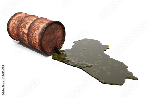 Oil spills from a rusty barrel and forms the shape of the country of Iraq. 3d illustration on the theme of oil and pollution. Isolated on white background.