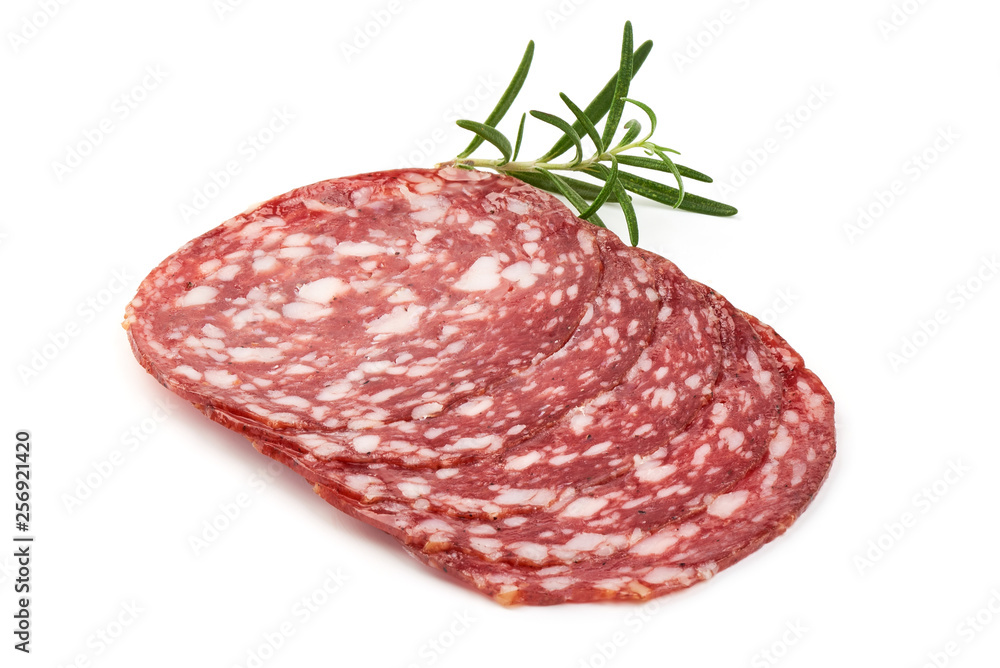 Sliced Smoked sausage or salami, close-up, isolated on white background Sliced Smoked sausage or salami, close-up, isolated on white background