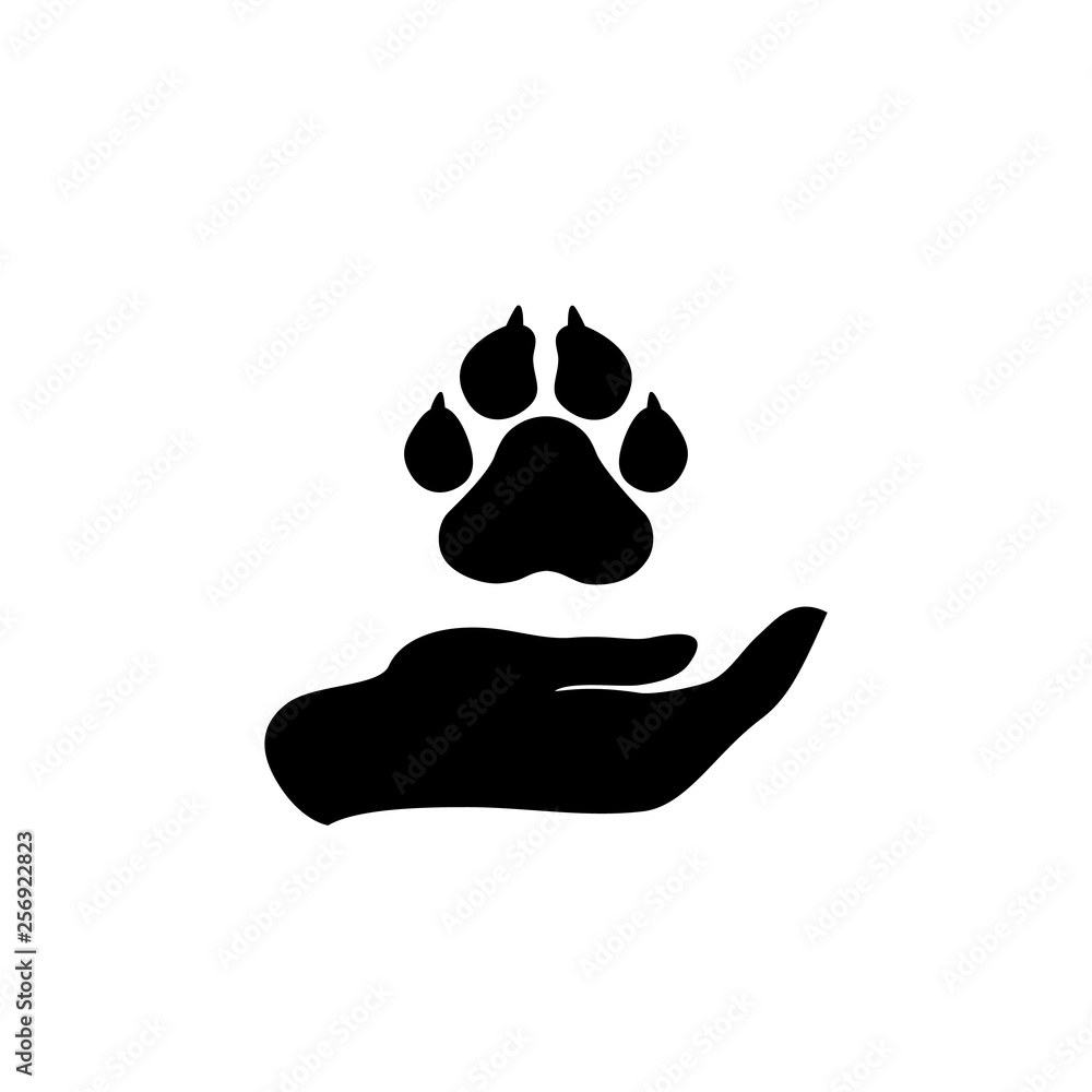 Hand holding paws - animal protection icon. Vector Hand holding paws - animal protection icon. Vector