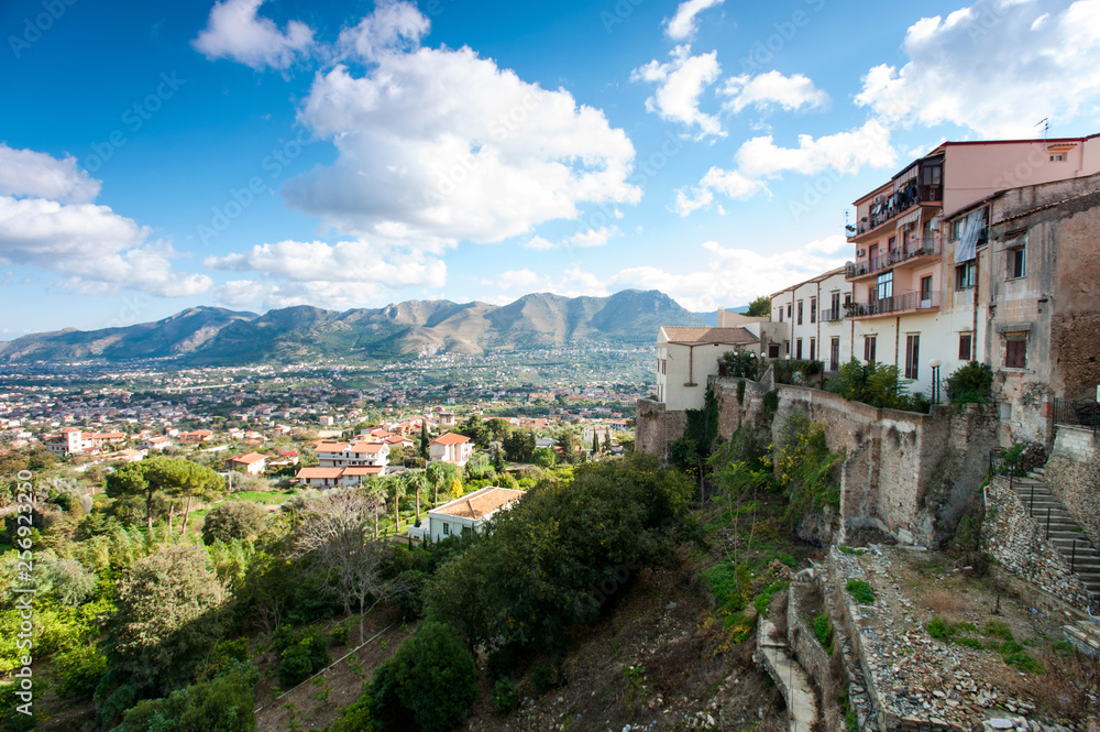 Spectacular view to Alcamo town with cloudy sky background