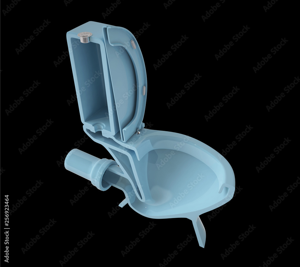 The cross-section structure of the toilet (the system). Blue color. The  toilet lid is open. Isometric view. Isolated on black background. 3D  illustration. Illustration Stock | Adobe Stock