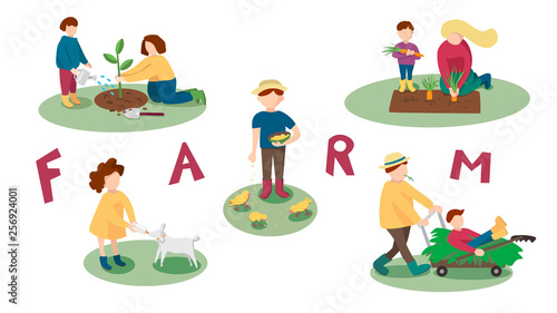 Basic Set of vector illustrations of farm activities: planting and caring for trees, vegetables, harvesting, feeding and caring for animals. The farm family is engaged in agricultural work together. © Nika Chizhik