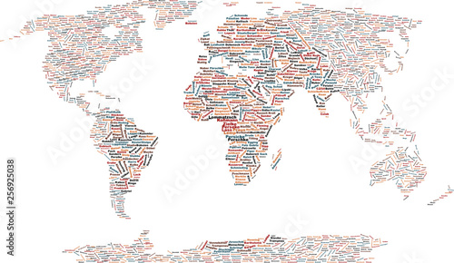Weltkarte - Namen - Wortwolke - Wortansammlung - Bunt