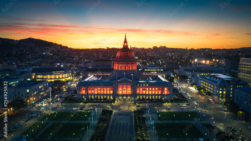 Aerial Panoramic View of the San Francisco City Hall at Sunset