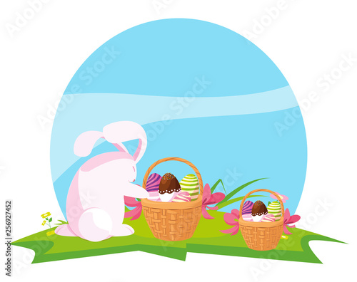 cute rabbit easter with eggs painted in basket